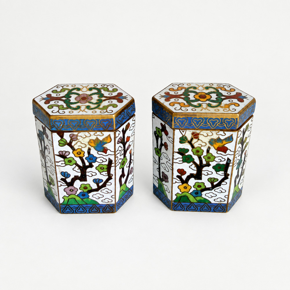 Vintage Chinese Cloisonne Enamel Hexagonal Trinket Box Pair Blue Counter Enamel